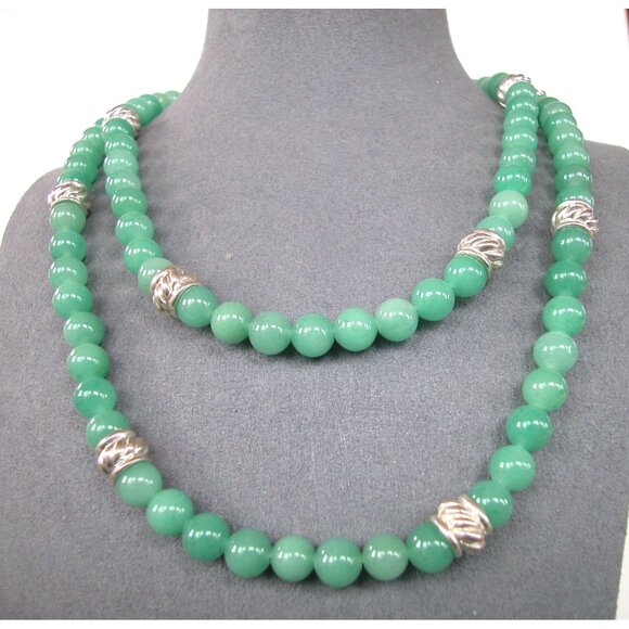 Green Aventurine & Silver Bead Necklace, Single Strand, 36",Hook Closure - Picture 1 of 2